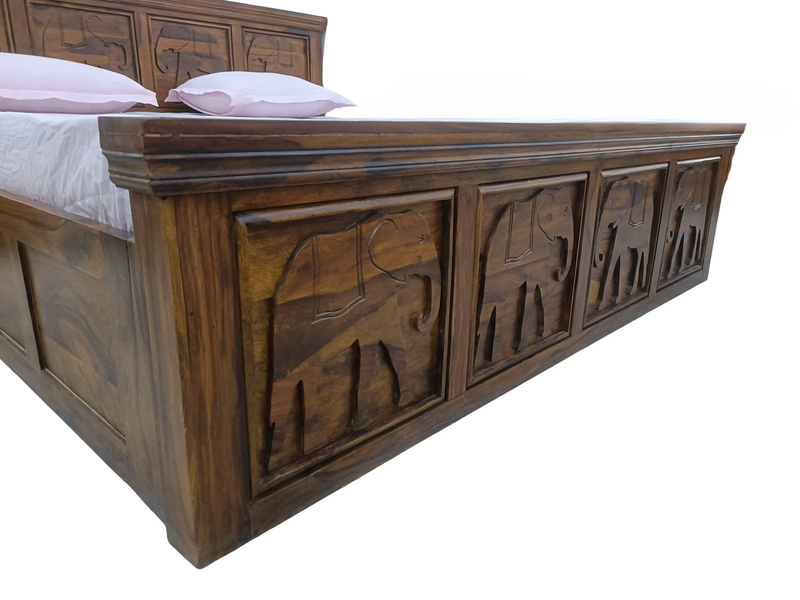 Suryavanshi Solid Sheesham Wood King Size Bed with Storage | Handcrafted Elephant Carving | Box Storage | Natural Finish | No Mattress Included