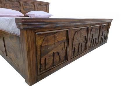 Suryavanshi Solid Sheesham Wood King Size Bed with Storage | Handcrafted Elephant Carving | Box Storage | Natural Finish | No Mattress Included