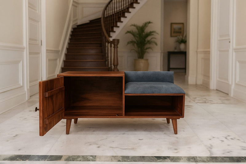 Suryavanshi Modern Wooden Shoe Cabinet With Seating – Sheesham Wood, Honey Finish