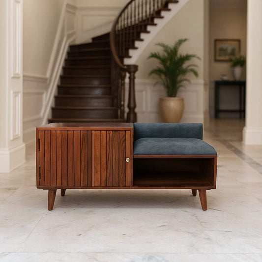 Suryavanshi Modern Wooden Shoe Cabinet With Seating – Sheesham Wood, Honey Finish