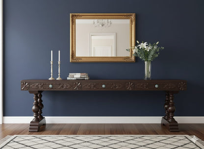 OREO Sheesham Wood Hand-Carved Console Table with Turned Legs – Dark Walnut Finish