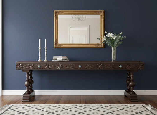 OREO Sheesham Wood Hand-Carved Console Table with Turned Legs – Dark Walnut Finish