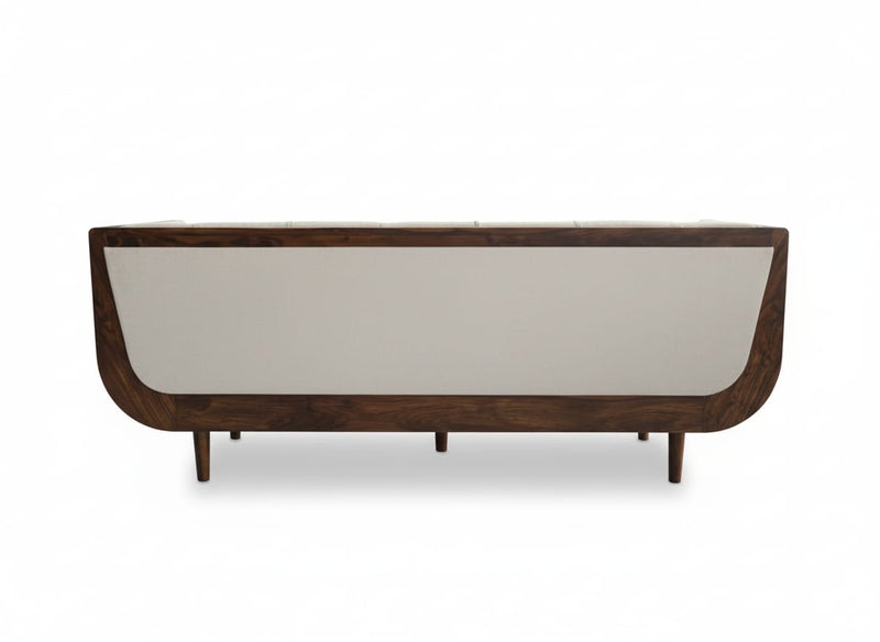 BOAT Sheesham Wood Sofa with Cream Velvet Upholstery – Modern Solid Wood 3-Seater (Honey Finish)