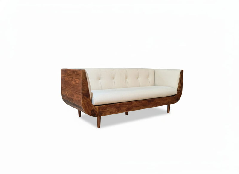 BOAT Sheesham Wood Sofa with Cream Velvet Upholstery – Modern Solid Wood 3-Seater (Honey Finish)