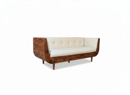 BOAT Sheesham Wood Sofa with Cream Velvet Upholstery – Modern Solid Wood 3-Seater (Honey Finish)