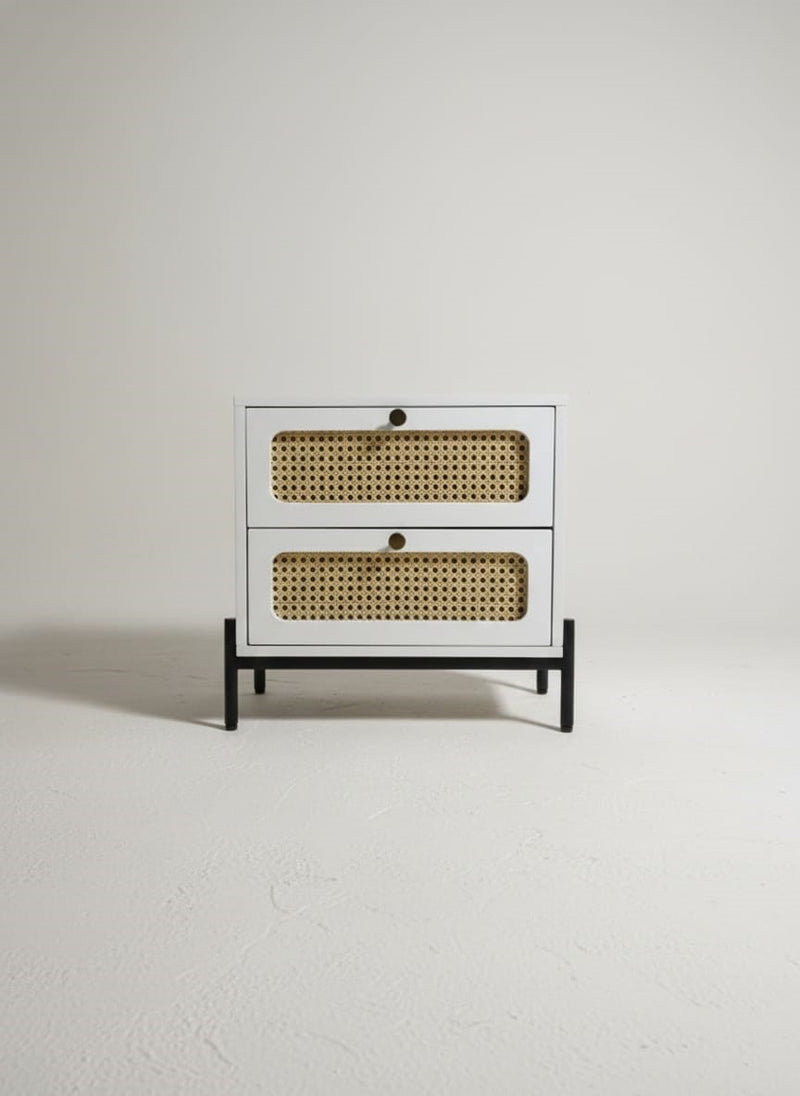 Suryavanshi Sheesham Wood Bedside Table with Cane Drawer Fronts & Metal Legs – 2 Drawer Nightstand for Bedroom (Natural Finish)