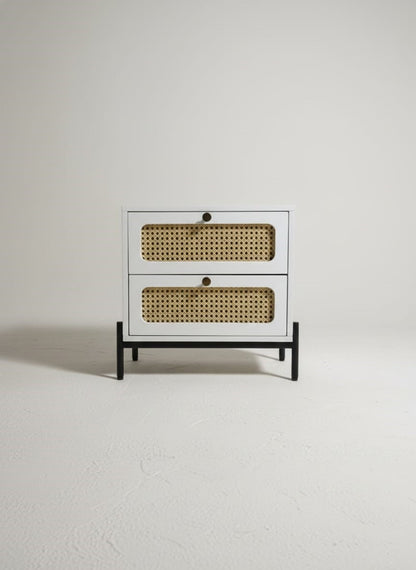 Suryavanshi Sheesham Wood Bedside Table with Cane Drawer Fronts & Metal Legs – 2 Drawer Nightstand for Bedroom (Natural Finish)