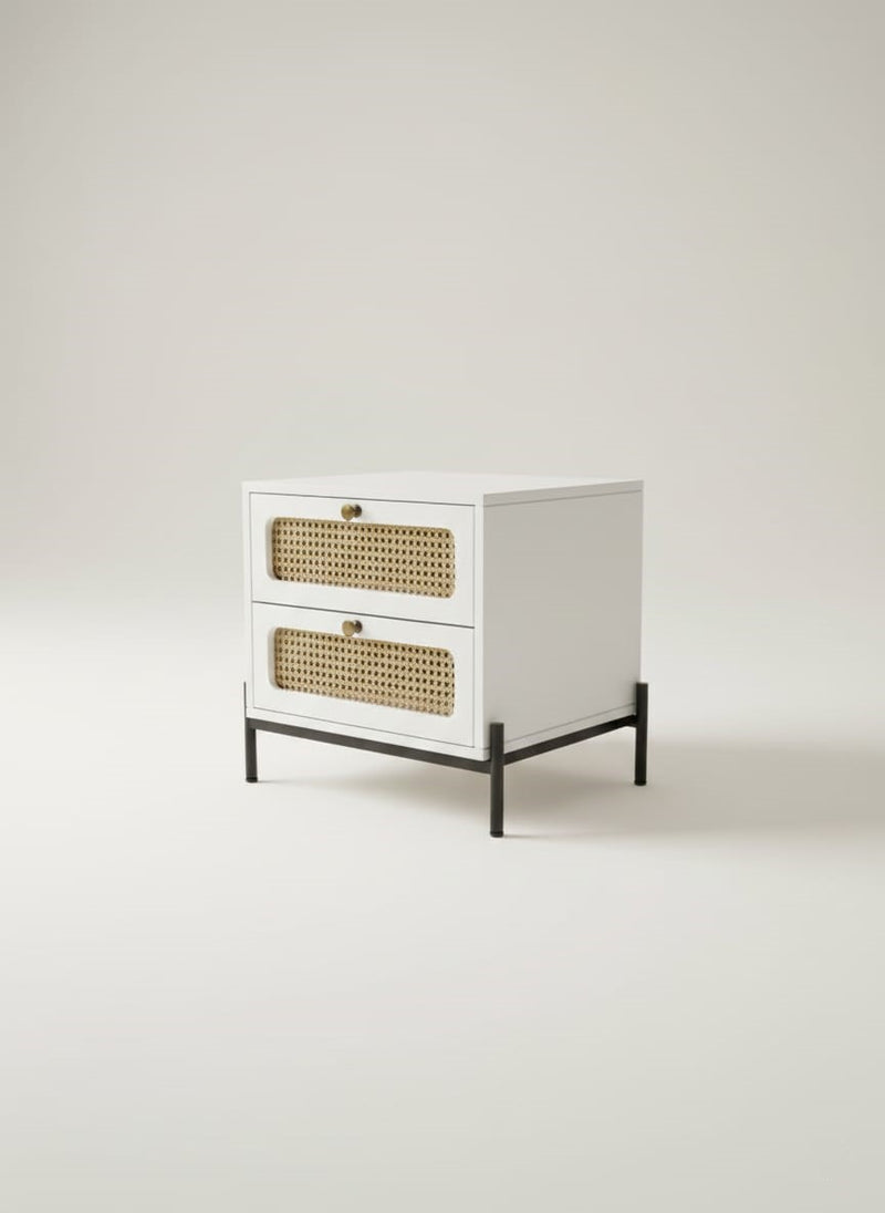 Suryavanshi Sheesham Wood Bedside Table with Cane Drawer Fronts & Metal Legs – 2 Drawer Nightstand for Bedroom (Natural Finish)