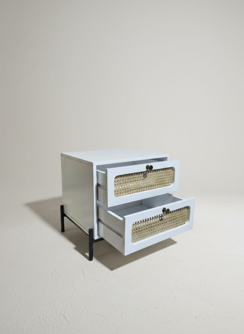 Suryavanshi Sheesham Wood Bedside Table with Cane Drawer Fronts & Metal Legs – 2 Drawer Nightstand for Bedroom (Natural Finish)