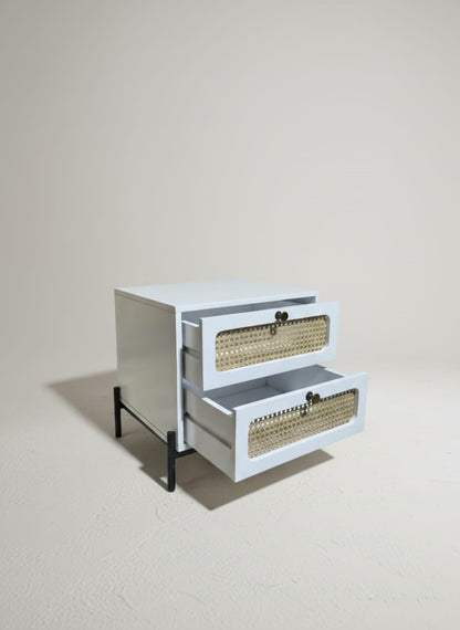 Suryavanshi Sheesham Wood Bedside Table with Cane Drawer Fronts & Metal Legs – 2 Drawer Nightstand for Bedroom (Natural Finish)