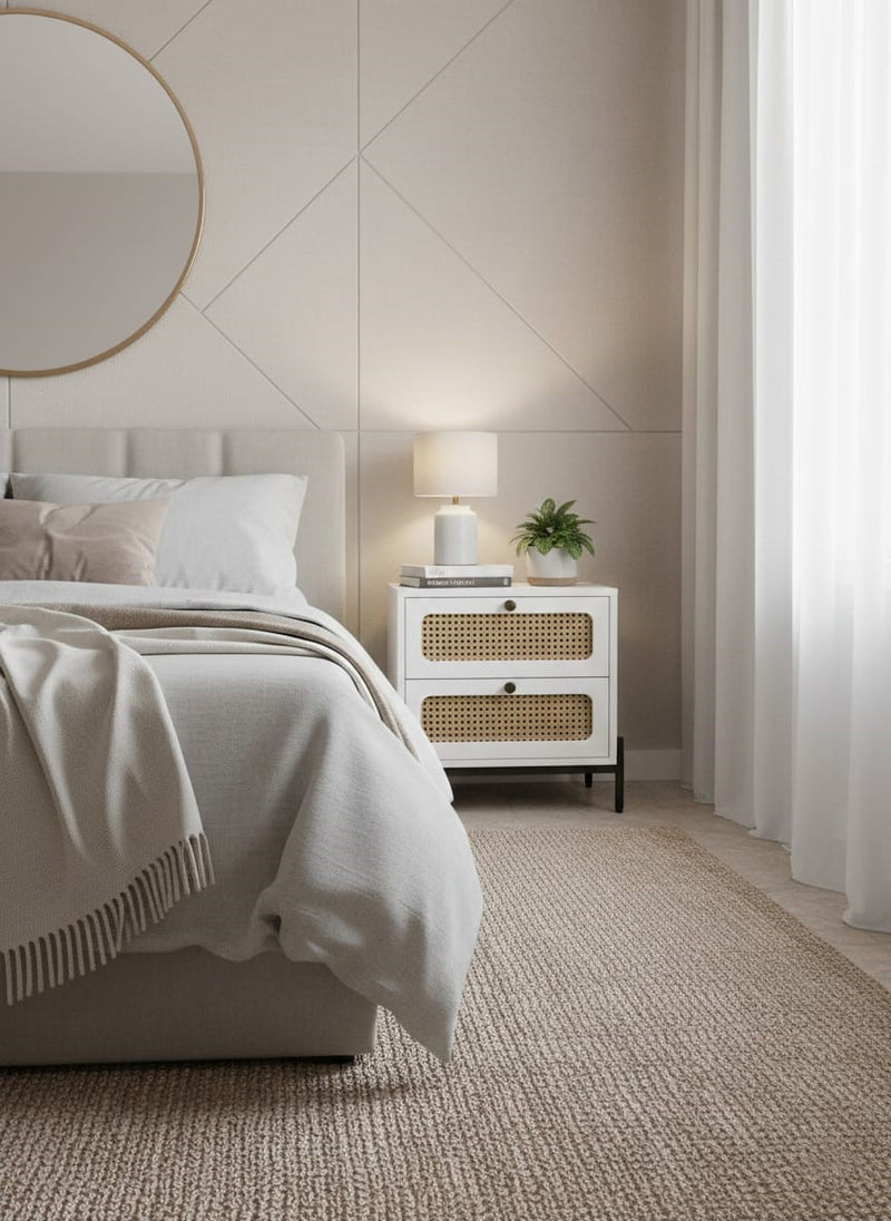 Suryavanshi Sheesham Wood Bedside Table with Cane Drawer Fronts & Metal Legs – 2 Drawer Nightstand for Bedroom (Natural Finish)