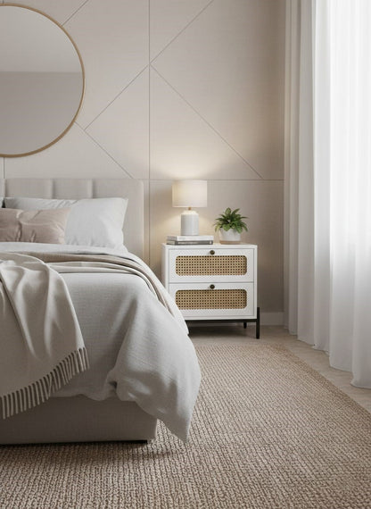 Suryavanshi Sheesham Wood Bedside Table with Cane Drawer Fronts & Metal Legs – 2 Drawer Nightstand for Bedroom (Natural Finish)