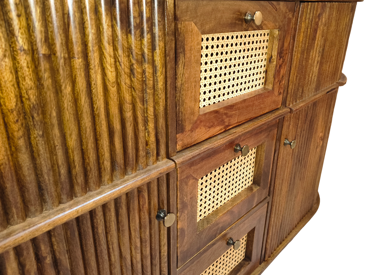 RIBBED Mango Solid Wood Cane Sideboard Cabinet