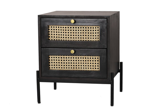 Suryavanshi Sheesham Wood Handcrafted Black Wooden Side Table with Rattan Drawers – Stylish and Functional Storage Cabinet for Bedroom, Bed Side Table(45D x 45W x 40H Cm)