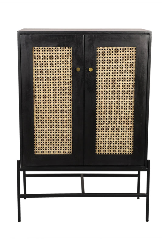 Suryavanshi Vintage Style Wooden Cabinet with Cane Woven Doors, Black - Modern Boho Style Storage Unit Color Black Finish, cabinets, sideboards, Wooden Cabinet, 45D x 80W x 87H Centimeters