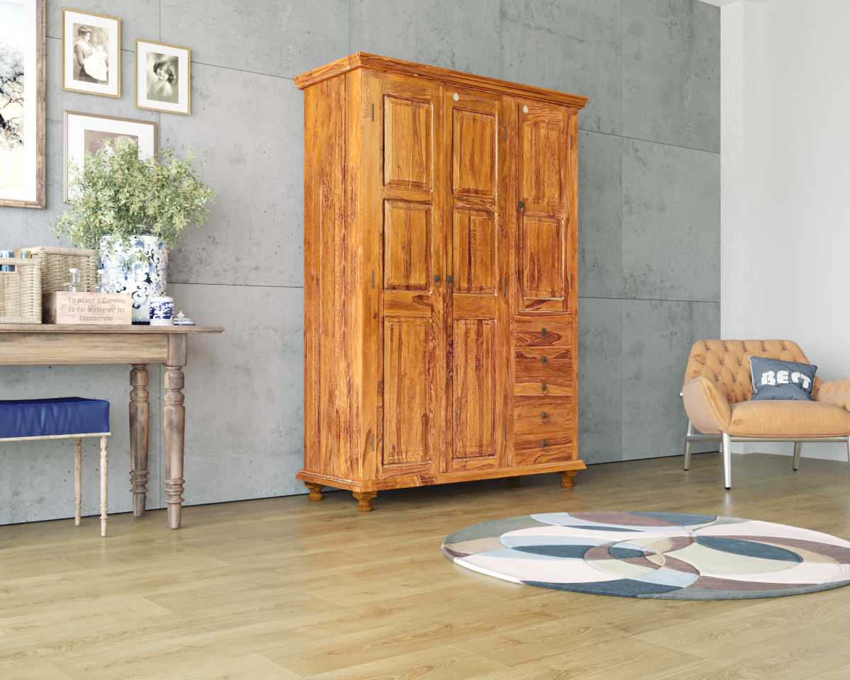 Suryavanshi Sheesham Wood 3-Door, 5-Drawers Wardrobe (W135 x D55 x H196 cm)