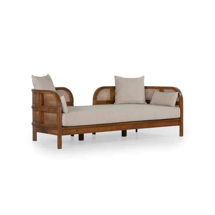 Suryavanshi BaliBreeze Cane Craft Wooden Daybed with Handwoven Rattan & Beige Cushions – Versatile Lounge & Guest Bed