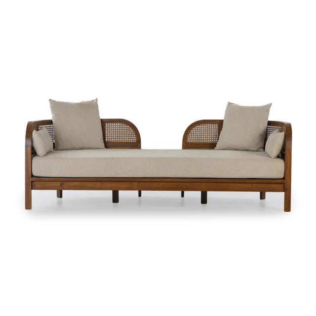 Suryavanshi BaliBreeze Cane Craft Wooden Daybed with Handwoven Rattan & Beige Cushions – Versatile Lounge & Guest Bed