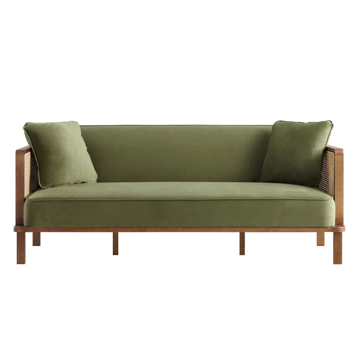 Suryavanshi Furniture Cane Sofa Bed, Moss Green Velvet with (Walnut Frame , Natural Frame, Black Solid Frame)