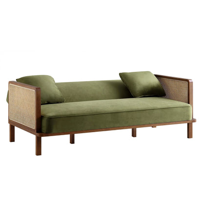 Suryavanshi Furniture Cane Sofa Bed, Moss Green Velvet with (Walnut Frame , Natural Frame, Black Solid Frame)