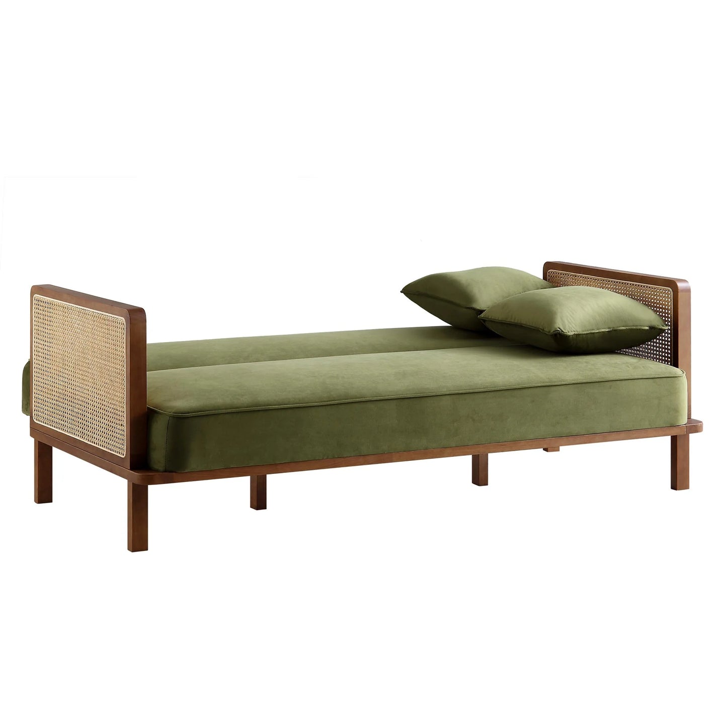 Suryavanshi Furniture Cane Sofa Bed, Moss Green Velvet with (Walnut Frame , Natural Frame, Black Solid Frame)