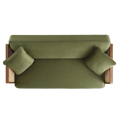 Suryavanshi Furniture Cane Sofa Bed, Moss Green Velvet with (Walnut Frame , Natural Frame, Black Solid Frame)