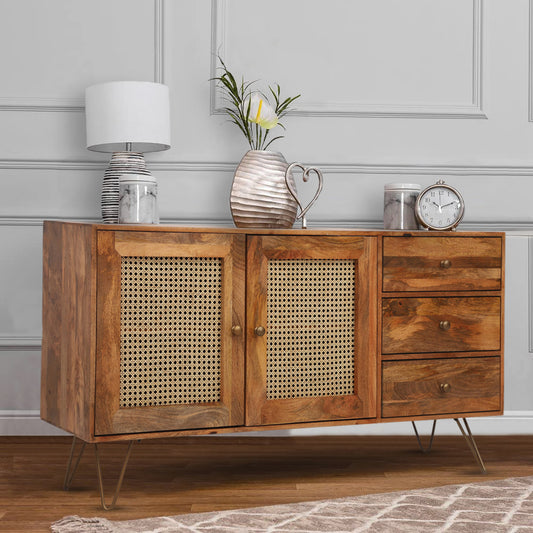 Suryavanshi Wooden Sideboard Cabinet for Living Room, Drawing Room, Office & Lounge | Material: Mango Solid Wood, Cane | Storage Type: 4 Doors | Finish: Natural