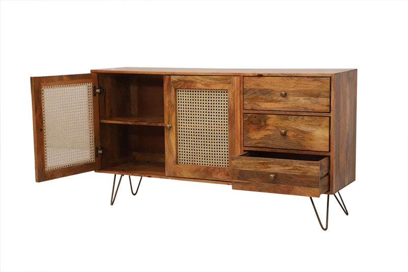 Suryavanshi Wooden Sideboard Cabinet for Living Room, Drawing Room, Office & Lounge | Material: Mango Solid Wood, Cane | Storage Type: 4 Doors | Finish: Natural