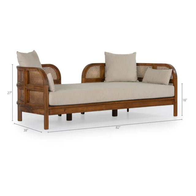 Suryavanshi BaliBreeze Cane Craft Wooden Daybed with Handwoven Rattan & Beige Cushions – Versatile Lounge & Guest Bed