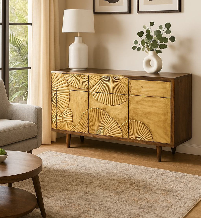 Suryavanshi Sheesham Wood Aegis Sideboard with Brass Work and Antique Finish – 3 Doors, 3 Drawers (W122 D45.7 H83.7 cm)
