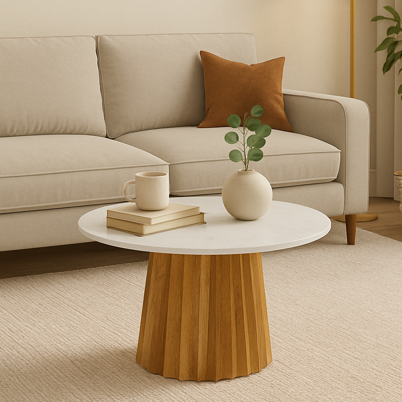 Suryavanshi Mango Wood Round Coffee Table with White Marble Top (W65 x D65 x H45 Cm)