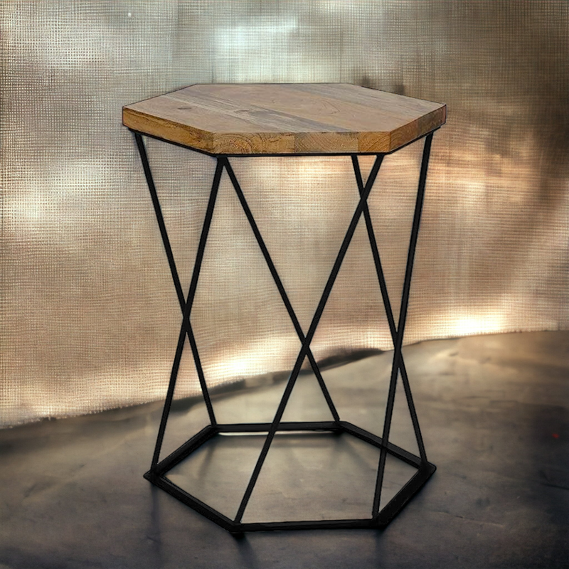 Suryavanshi Mango Wooden Side Table with Black Metal Leg Frame, Wooden Coffee Table, Side Table, End Table, Tea Table, Plant Stand, 41D x 35W x 50H Centimeters