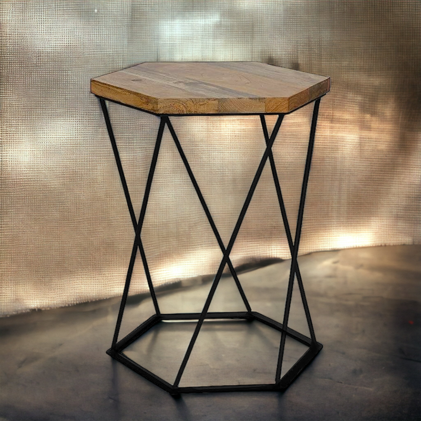 Suryavanshi Furniture Hexagonal Wooden Side Table with Black Metal Leg Frame, 50cm Diameter | Wooden Coffee Table/Side Table/End Table/Tea Table/Plant Stand/Stool Living Room Table Round Shape