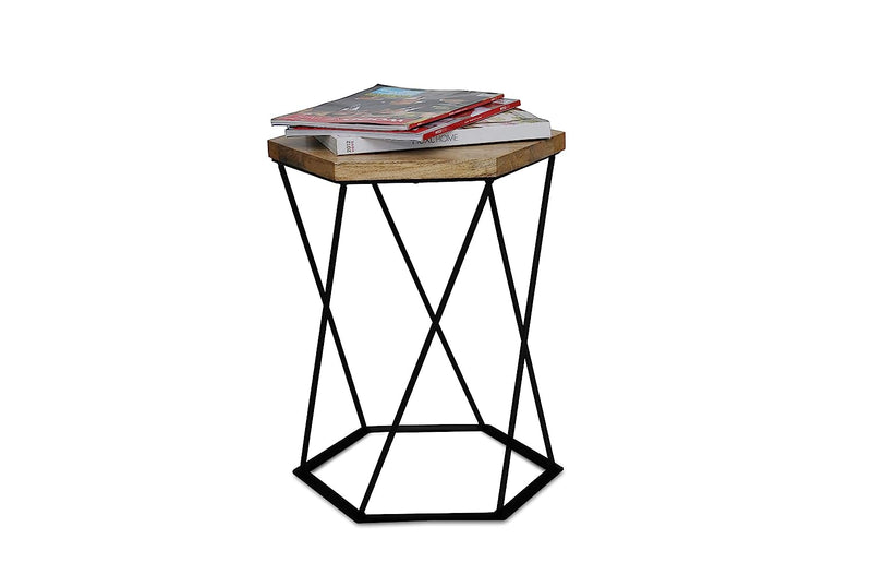 Suryavanshi Mango Wooden Side Table with Black Metal Leg Frame, Wooden Coffee Table, Side Table, End Table, Tea Table, Plant Stand, 41D x 35W x 50H Centimeters