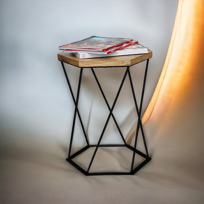 Suryavanshi Mango Wooden Side Table with Black Metal Leg Frame, Wooden Coffee Table, Side Table, End Table, Tea Table, Plant Stand, 41D x 35W x 50H Centimeters