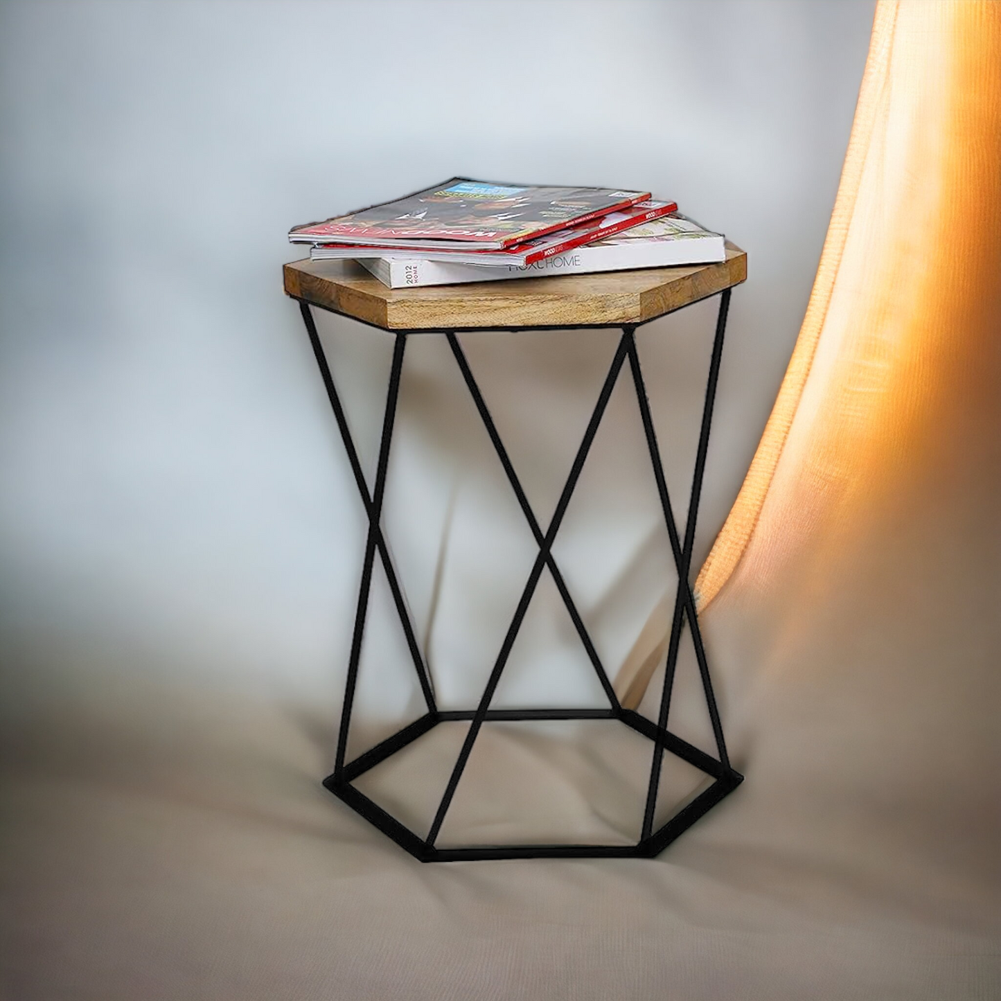 Suryavanshi Furniture Hexagonal Wooden Side Table with Black Metal Leg Frame, 50cm Diameter | Wooden Coffee Table/Side Table/End Table/Tea Table/Plant Stand/Stool Living Room Table Round Shape