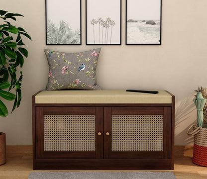 Bockle Premium Solid Wood Shoe Rack With Cane Work & Cushioned Seating