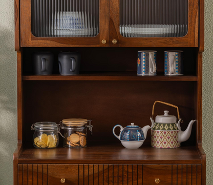 Artisan Small Kitchen Cabinet with Fluted Glass, Cane Weave & Brass Knobs
