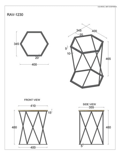 Suryavanshi Furniture Hexagonal Wooden Side Table with Black Metal Leg Frame, 50cm Diameter | Wooden Coffee Table/Side Table/End Table/Tea Table/Plant Stand/Stool Living Room Table Round Shape