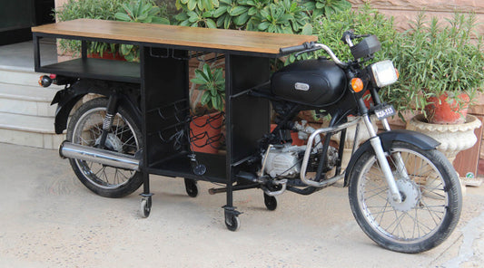 Vintage Motorcycle Bar Counter with Solid Wood Top & Metal Storage Unit