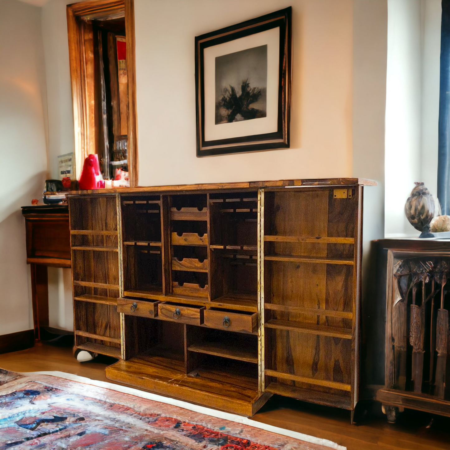 Sophisticated Suryavanshi Sheesham Wood Bar Cabinet with Diamond Pattern Doors