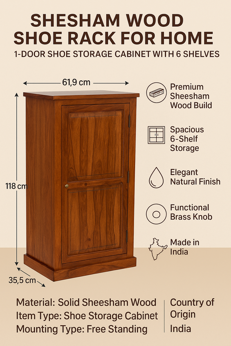 Sheesham Wood 1-Door Shoe Rack with 6 Shelves