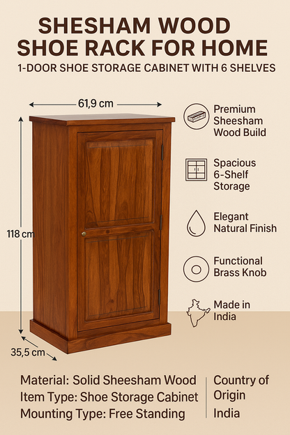 Sheesham Wood 1-Door Shoe Rack with 6 Shelves