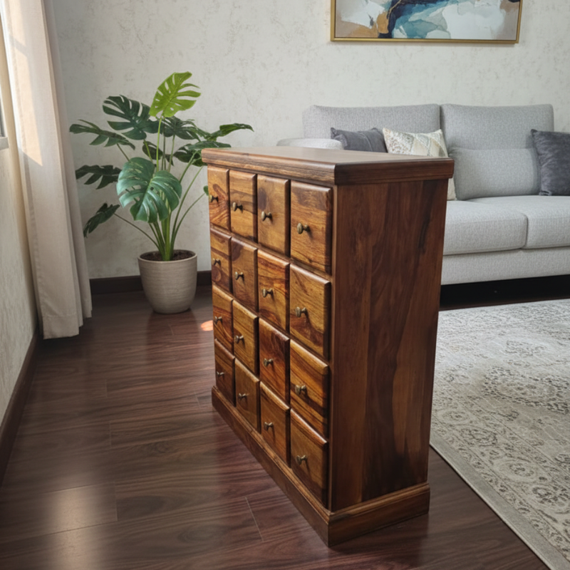 Suryavanshi Sheesham Wood Brown 16 Drawer Storage Unit with Brass Knobs