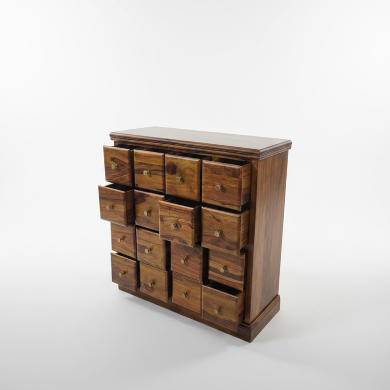Suryavanshi Sheesham Wood Brown 16 Drawer Storage Unit with Brass Knobs
