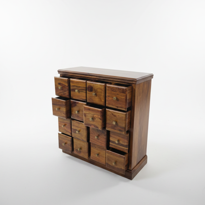 Suryavanshi Sheesham Wood Brown 16 Drawer Storage Unit with Brass Knobs