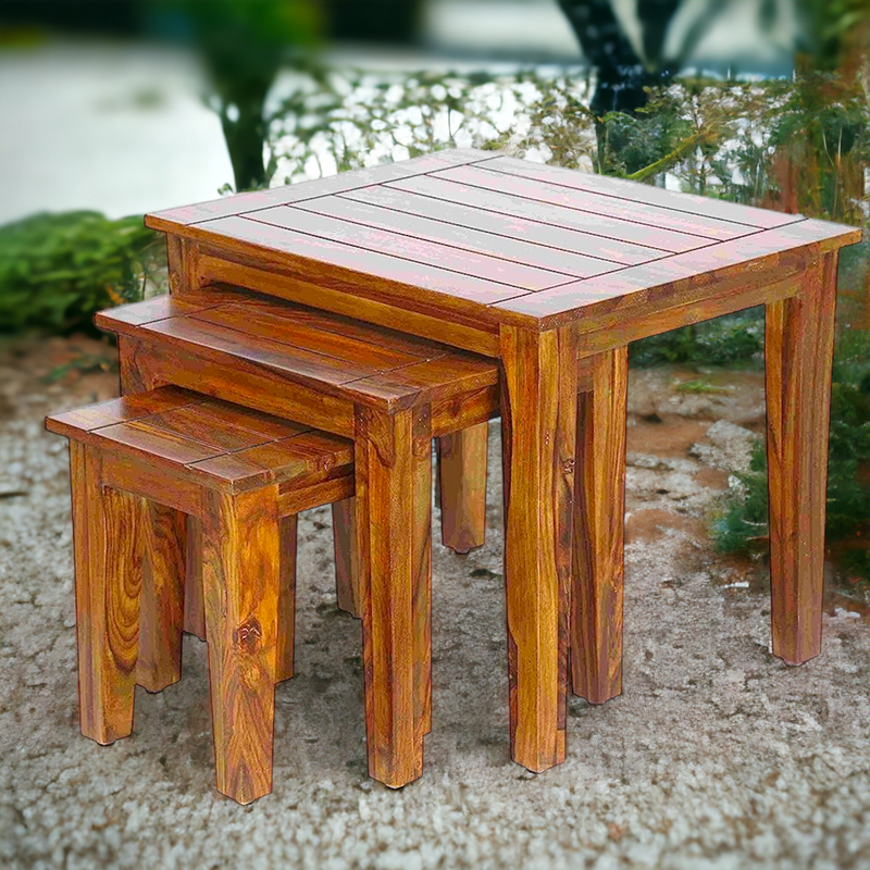 Suryavanshi Sheesham Wood Nest of 3 Tables – Stackable and Versatile (W55 x D45 x H45 cm)