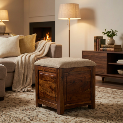 Suryavanshi Sheesham Wood Ottoman with Upholstered - Traditional Wooden Stool