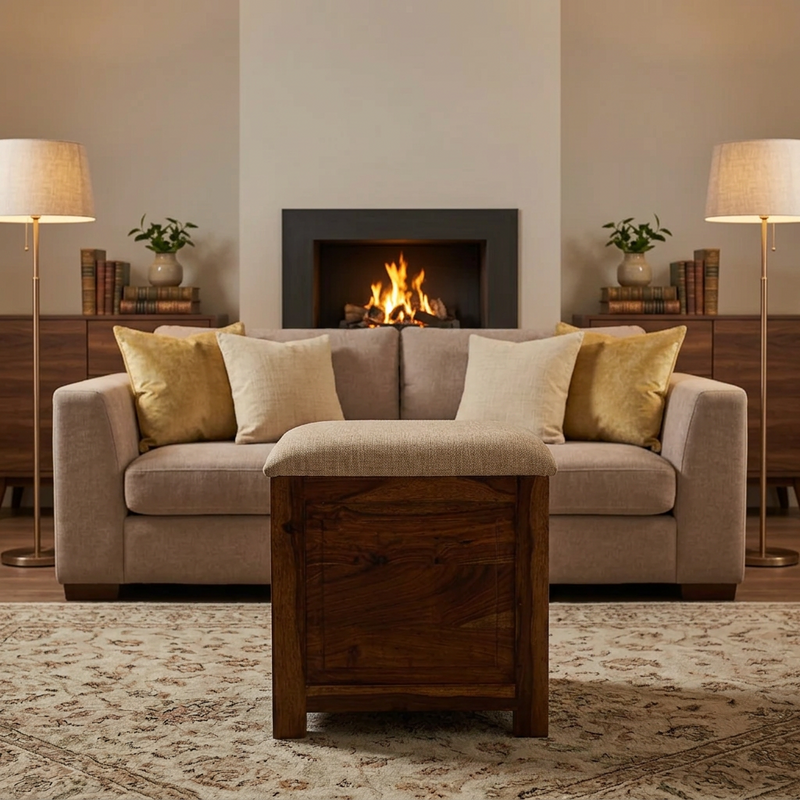 Suryavanshi Sheesham Wood Ottoman with Upholstered - Traditional Wooden Stool