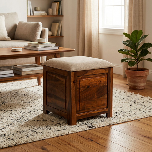 Suryavanshi Sheesham Wood Ottoman with Upholstered - Traditional Wooden Stool